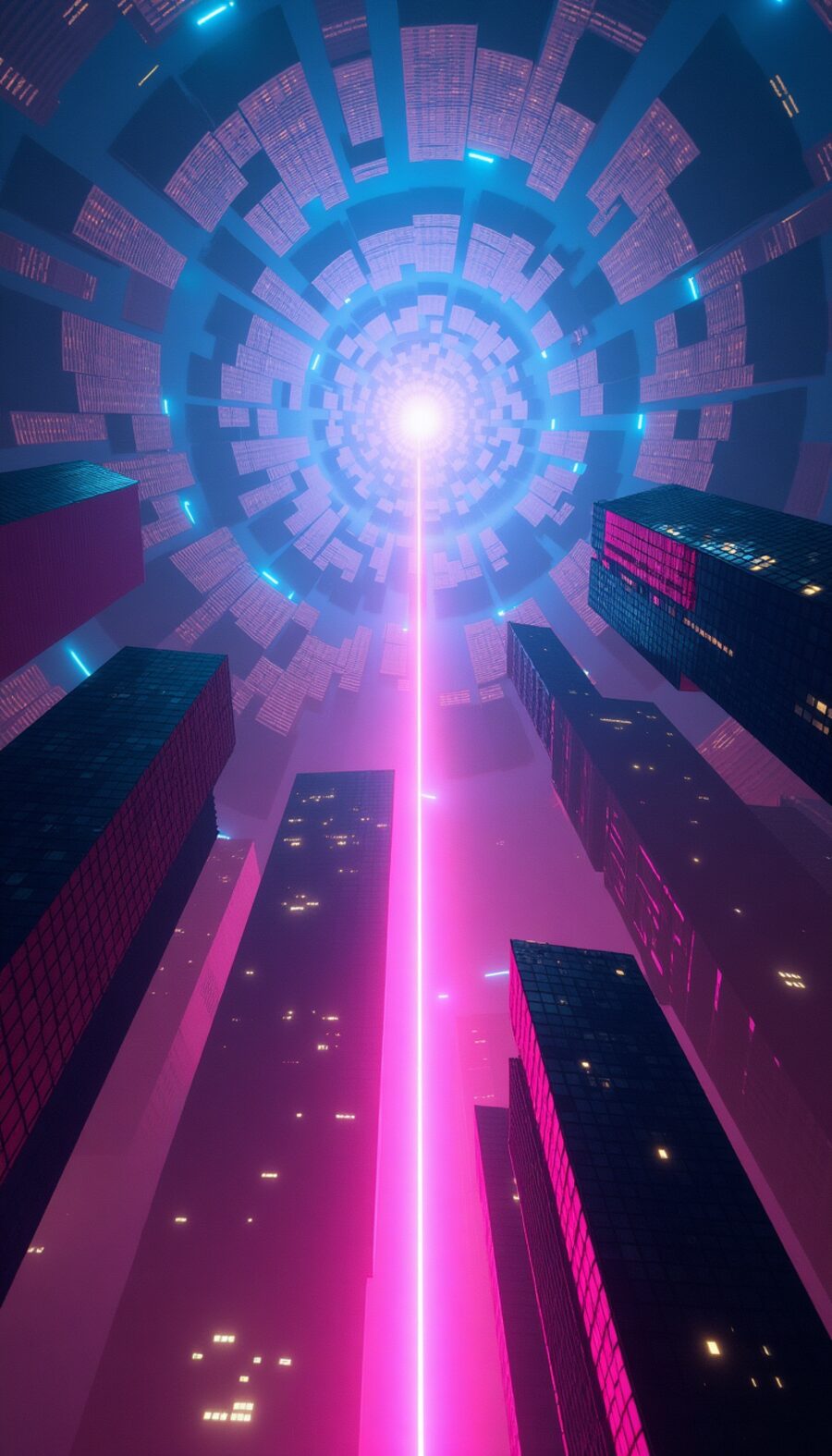 A blinding magenta energy beam tears upward through a neon cyan cityscape of NeonDeath City skyscrapers.