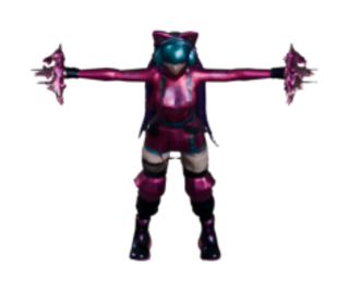 E-Girl Enchantress, a street mage in pink and black armor wielding twin bladed staves.