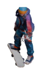 Skater Sorcerer, a street mage in a blue and orange hoodie, riding a skateboard.